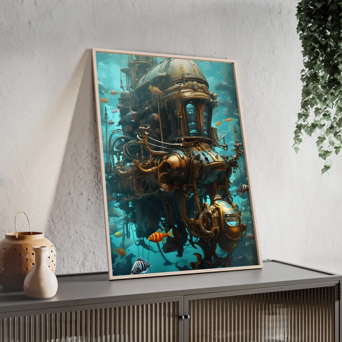 Steampunk Oceanic Adventure: A Crew's Journey Through Time - Framed Poster
