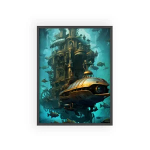 Steampunk Submarine Underwater City Framed Poster