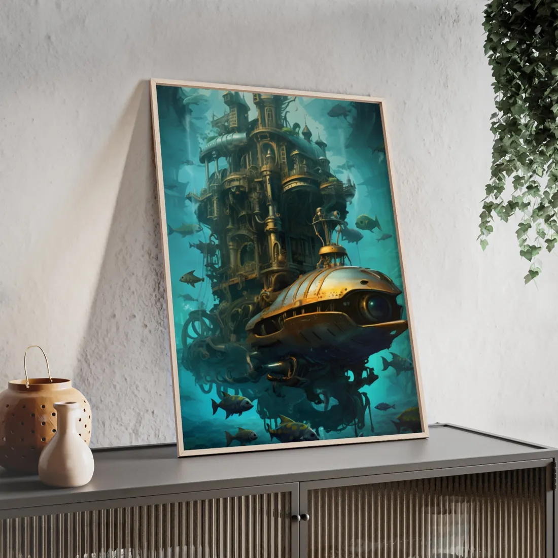 Steampunk Oceanic Adventure: Brass Skirted Explorer - Framed Poster