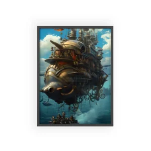 Steampunk Airship over Ocean Framed Poster