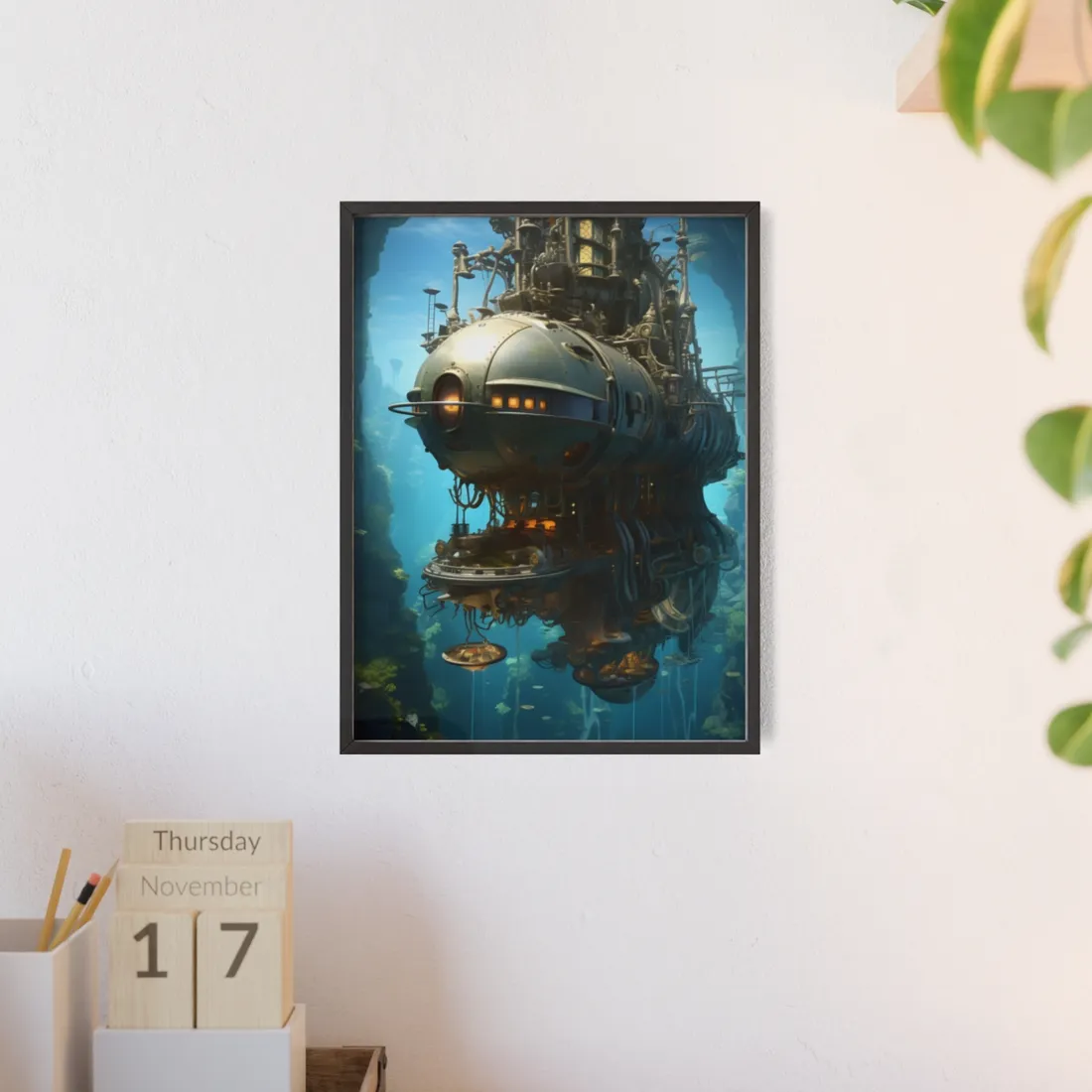 Steampunk Oceanic Adventure: Crew Sails the Horizon - Framed Poster