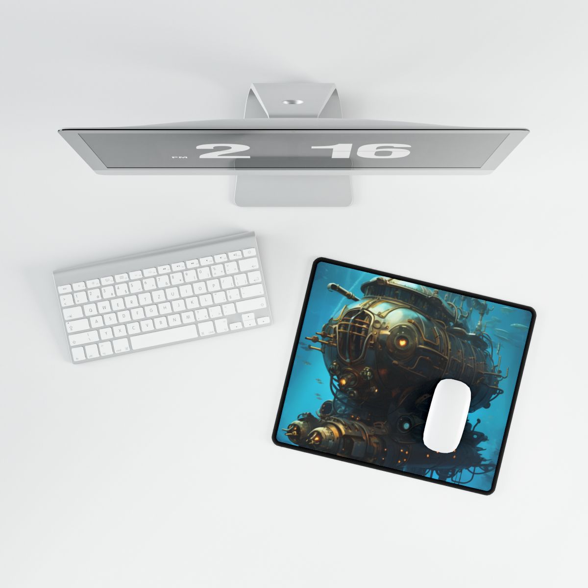 Ornate brass steampunk submarine with glowing portholes and spires swimming among fish in – Desk Mat, room mockup, view 3