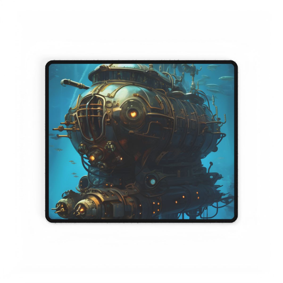 Ornate brass steampunk submarine with glowing portholes and spires swimming among fish in teal – Desk Mat, front view