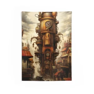 Steampunk Clock Tower City Wall Tapestry