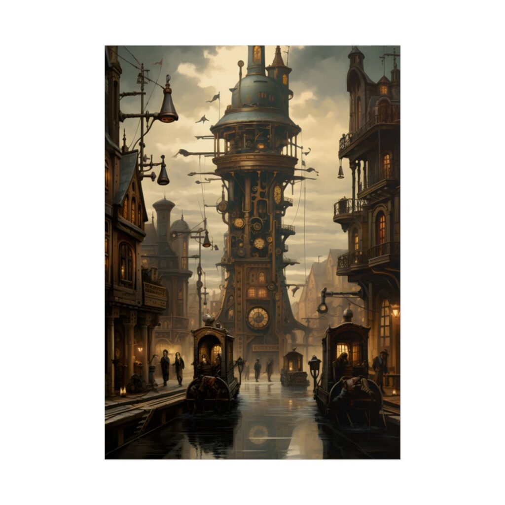 Steampunk Paris Cityscape: Vintage Clock Tower Artwork - Poster
