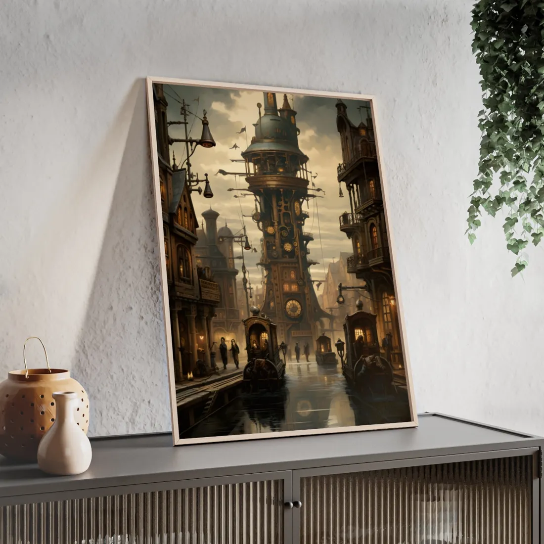 Steampunk Paris Cityscape: Vintage Clock Tower - Framed Poster