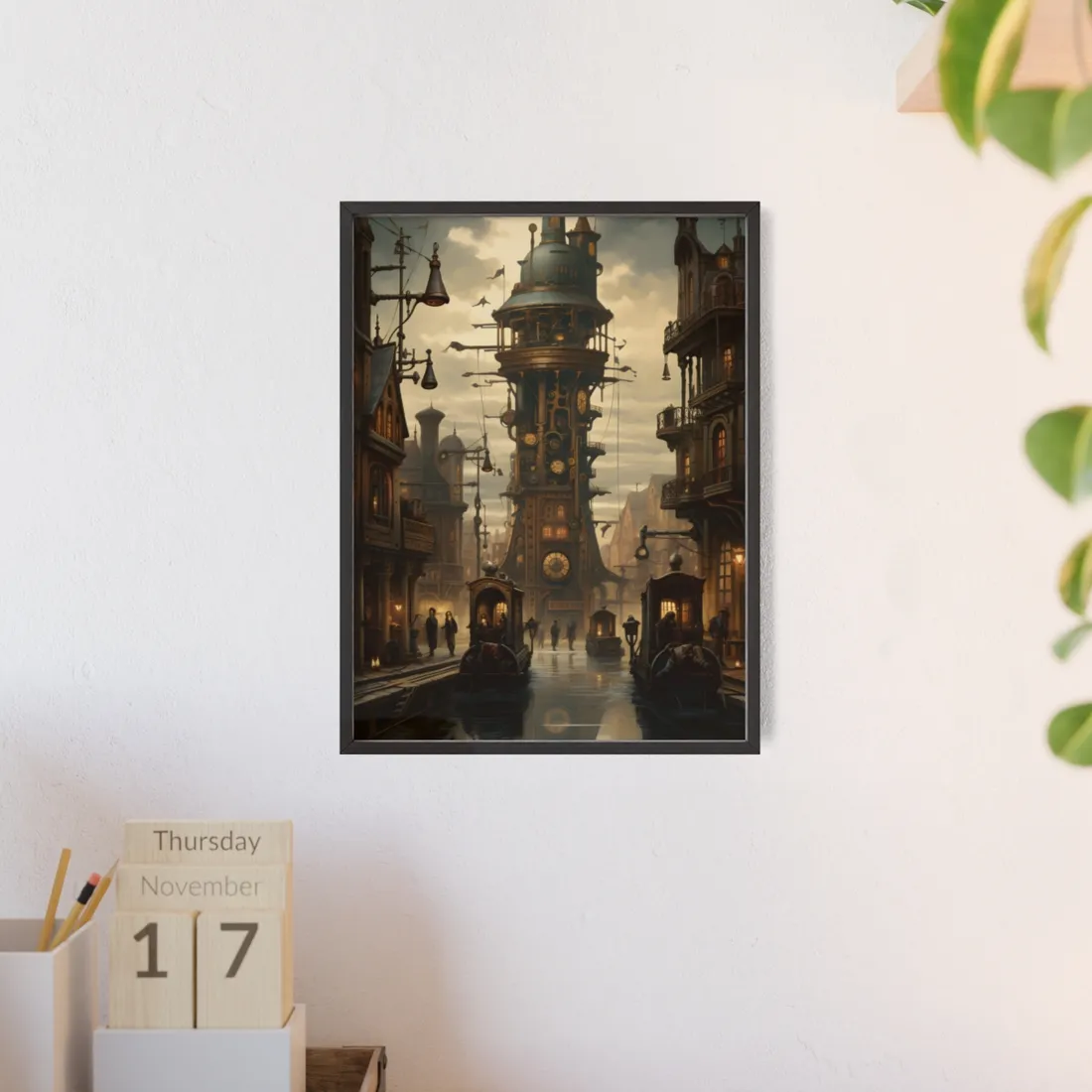Steampunk Paris Cityscape: Vintage Clock Tower - Framed Poster