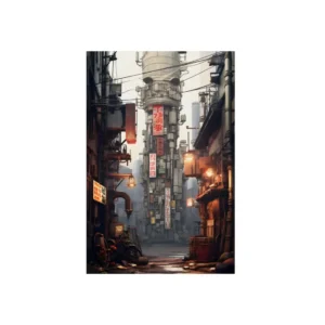 Futuristic Alley with Tower Metal Poster