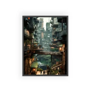 Overgrown Cliffside City Bridge Framed Poster