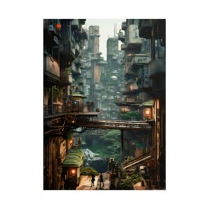 Overgrown Cliffside City Bridge Poster
