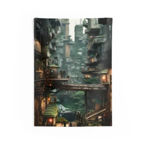 Overgrown Cliffside City Bridge Wall Tapestry