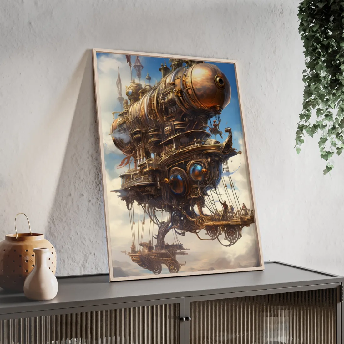 Steampunk Sky-Liner Race: Industrial City Dusk - Framed Poster