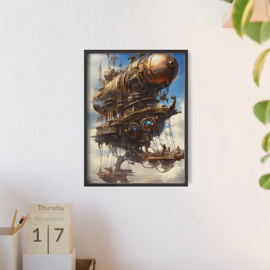 Steampunk Sky-Liner Race: Industrial City Dusk - Framed Poster