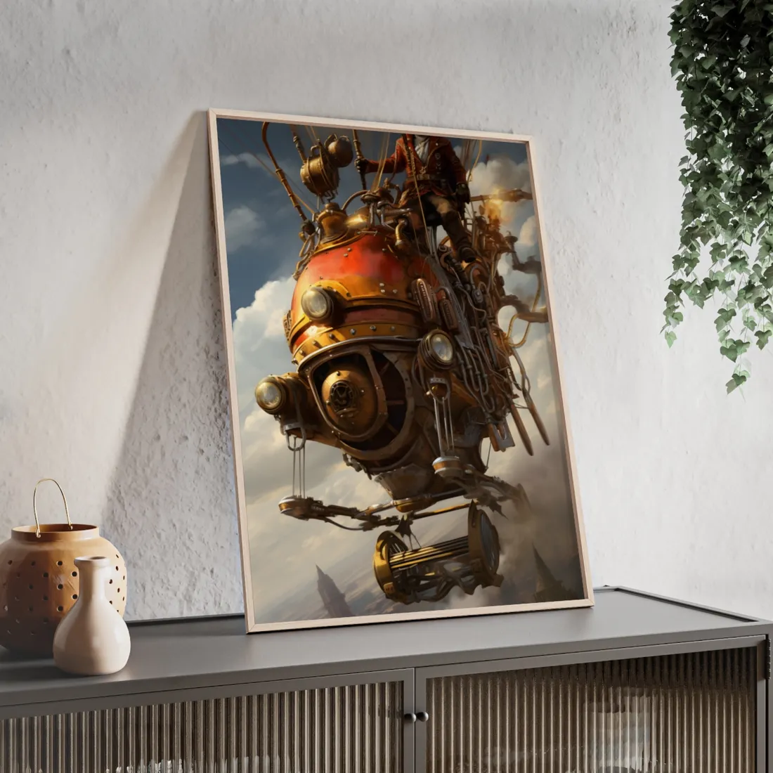 Steampunk Sky-Liner Race: Vintage Airships in Thrilling Mid-Air Pursuit - Framed Poster