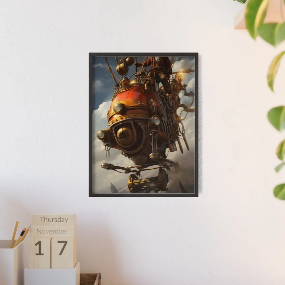 Steampunk Sky-Liner Race: Vintage Airships in Thrilling Mid-Air Pursuit - Framed Poster