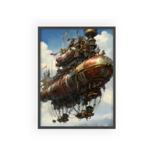 Red Steampunk Airship over Sea Framed Poster