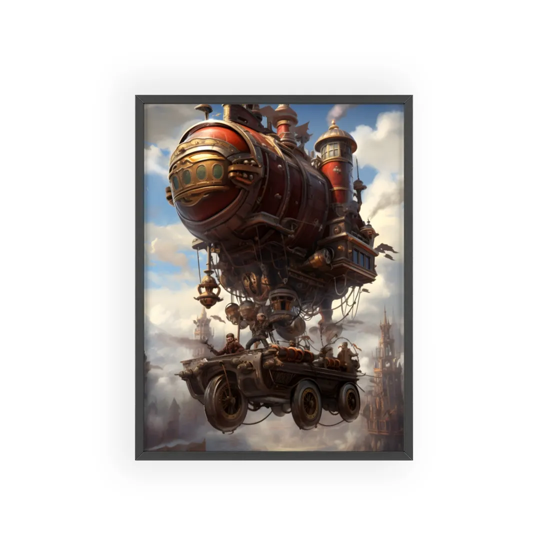 Steampunk Sky Liner Showdown: Vibrant Airship Race - Framed Poster