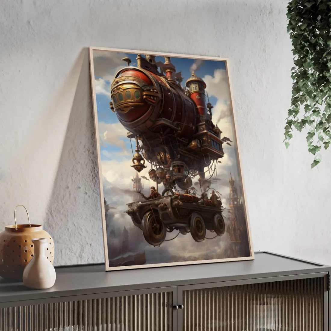 Steampunk Sky Liner Showdown: Vibrant Airship Race - Framed Poster