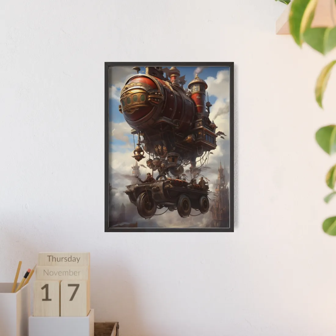 Steampunk Sky Liner Showdown: Vibrant Airship Race - Framed Poster