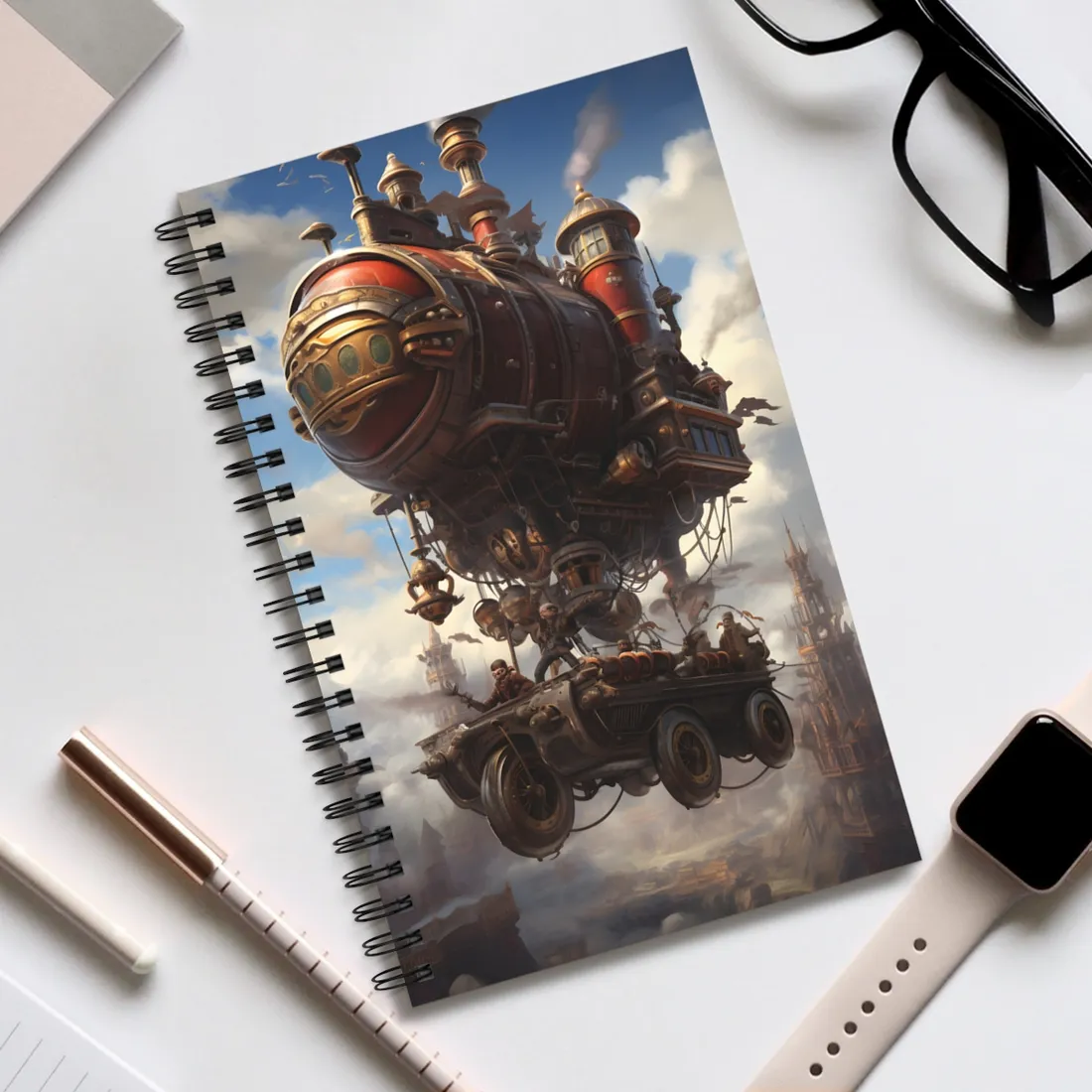 Steampunk Sky Liner Showdown: Vibrant Airship Race - Spiral Notebook