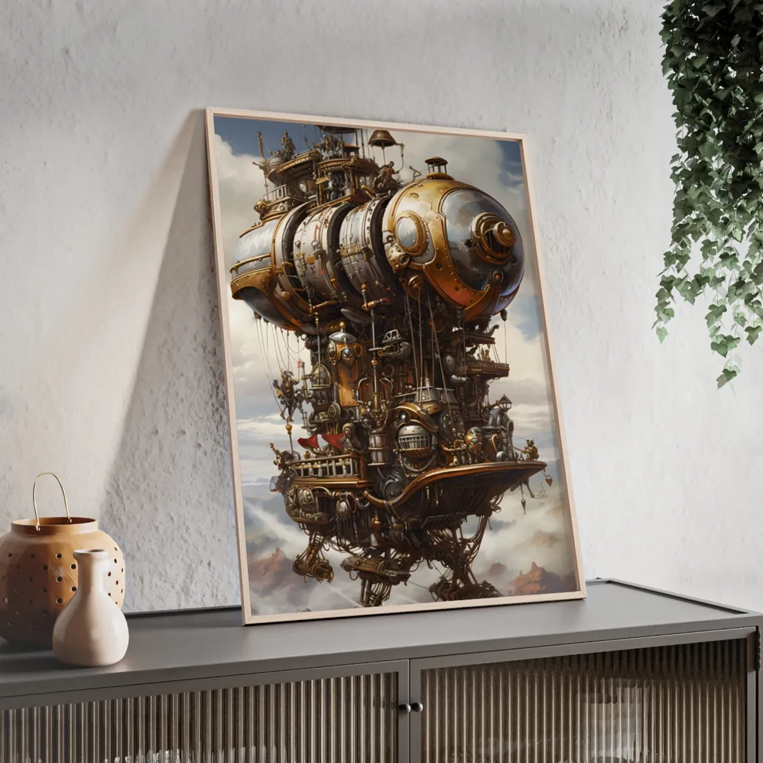Steampunk Sky-Liner Thrill: A Fierce Airship Race - Framed Poster