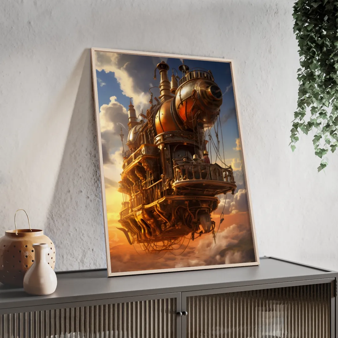Steampunk Sky-Liner Thrill: Colorful Runners on Colum - Framed Poster