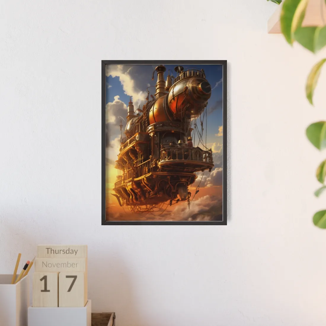 Steampunk Sky-Liner Thrill: Colorful Runners on Colum - Framed Poster