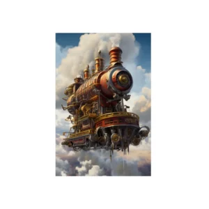 Steampunk Locomotive in Clouds Metal Poster