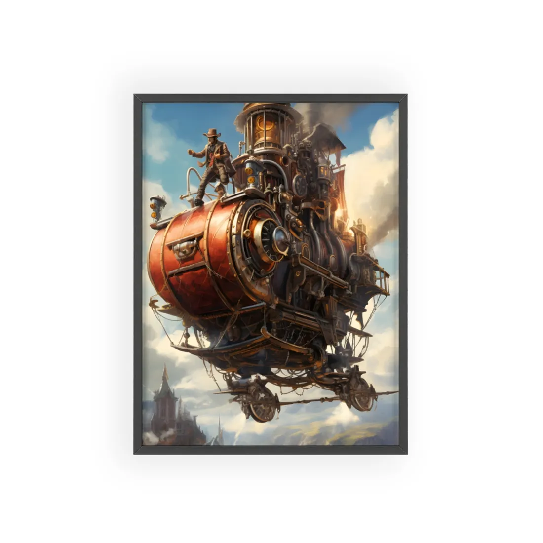 Steampunk Sky-Liner Thrill: Racing Airship in Mid-Air - Framed Poster