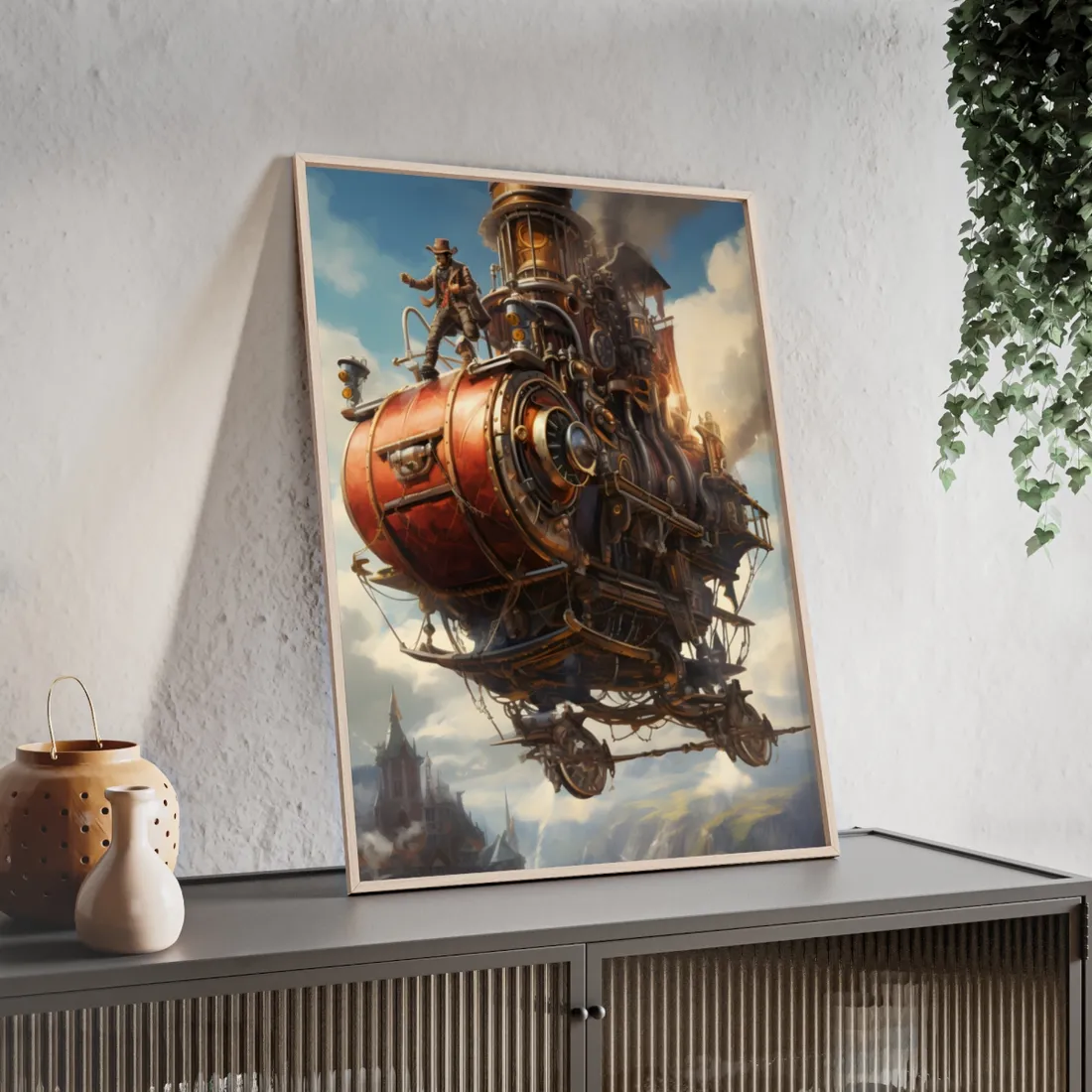 Steampunk Sky-Liner Thrill: Racing Airship in Mid-Air - Framed Poster