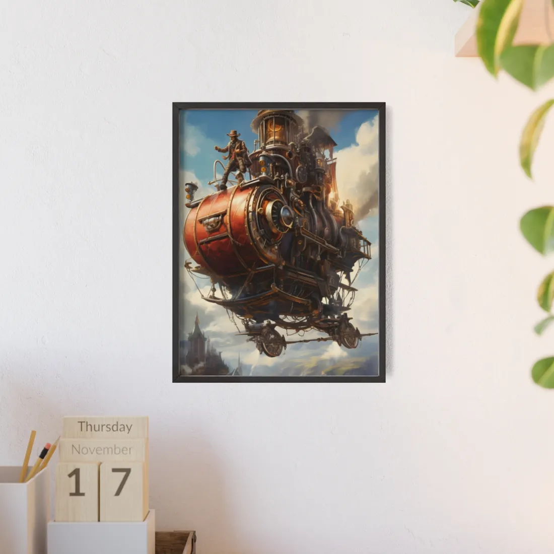Steampunk Sky-Liner Thrill: Racing Airship in Mid-Air - Framed Poster