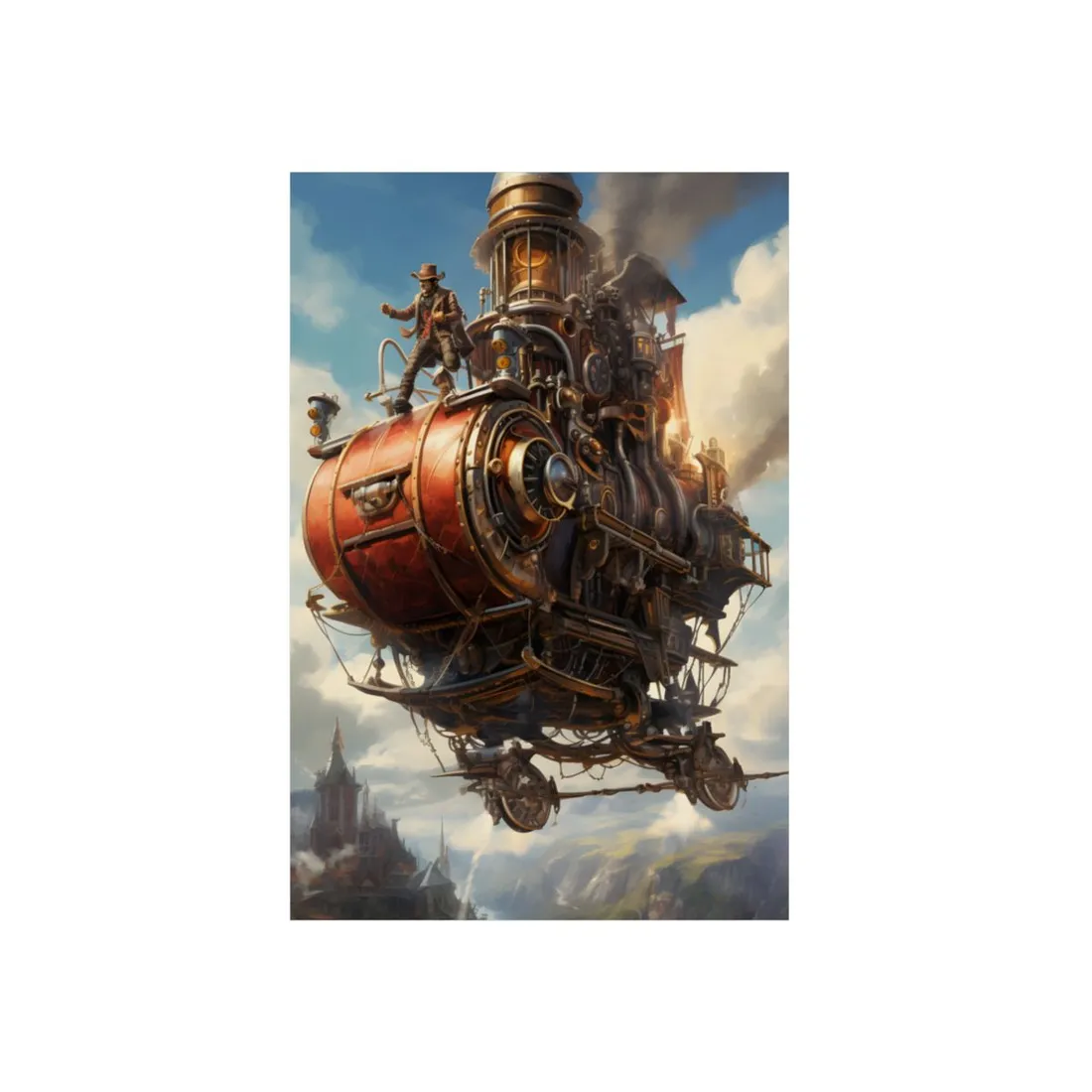 Steampunk Sky-Liner Thrill: Racing Airship in Mid-Air - Metal Poster