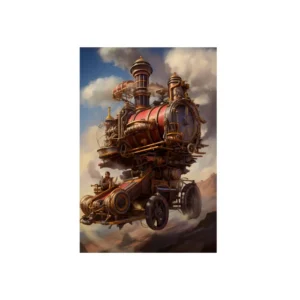 Steampunk Flying Locomotive Metal Poster