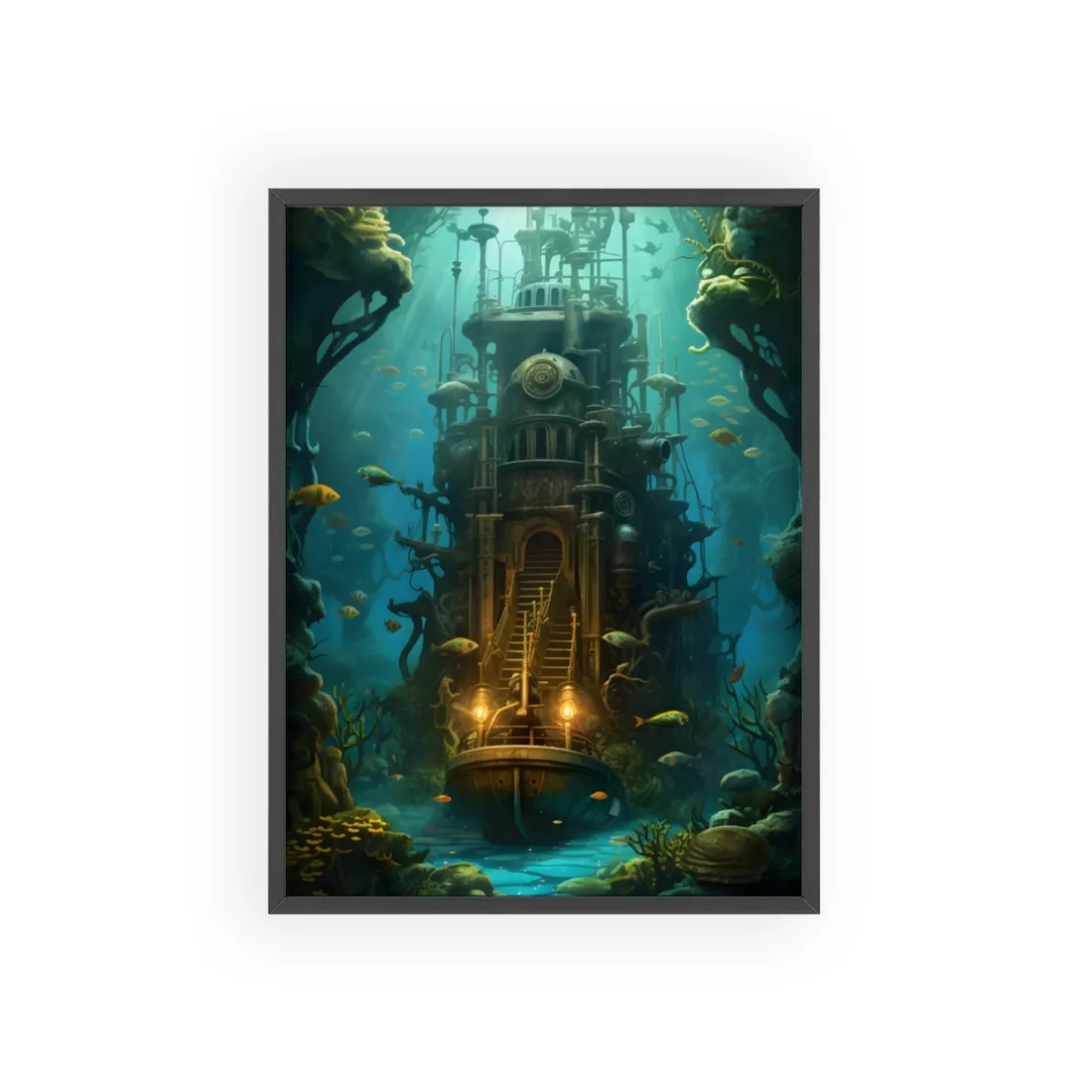 Steampunk Undersea Odyssey: A Journey on the Nautilus - Framed Poster