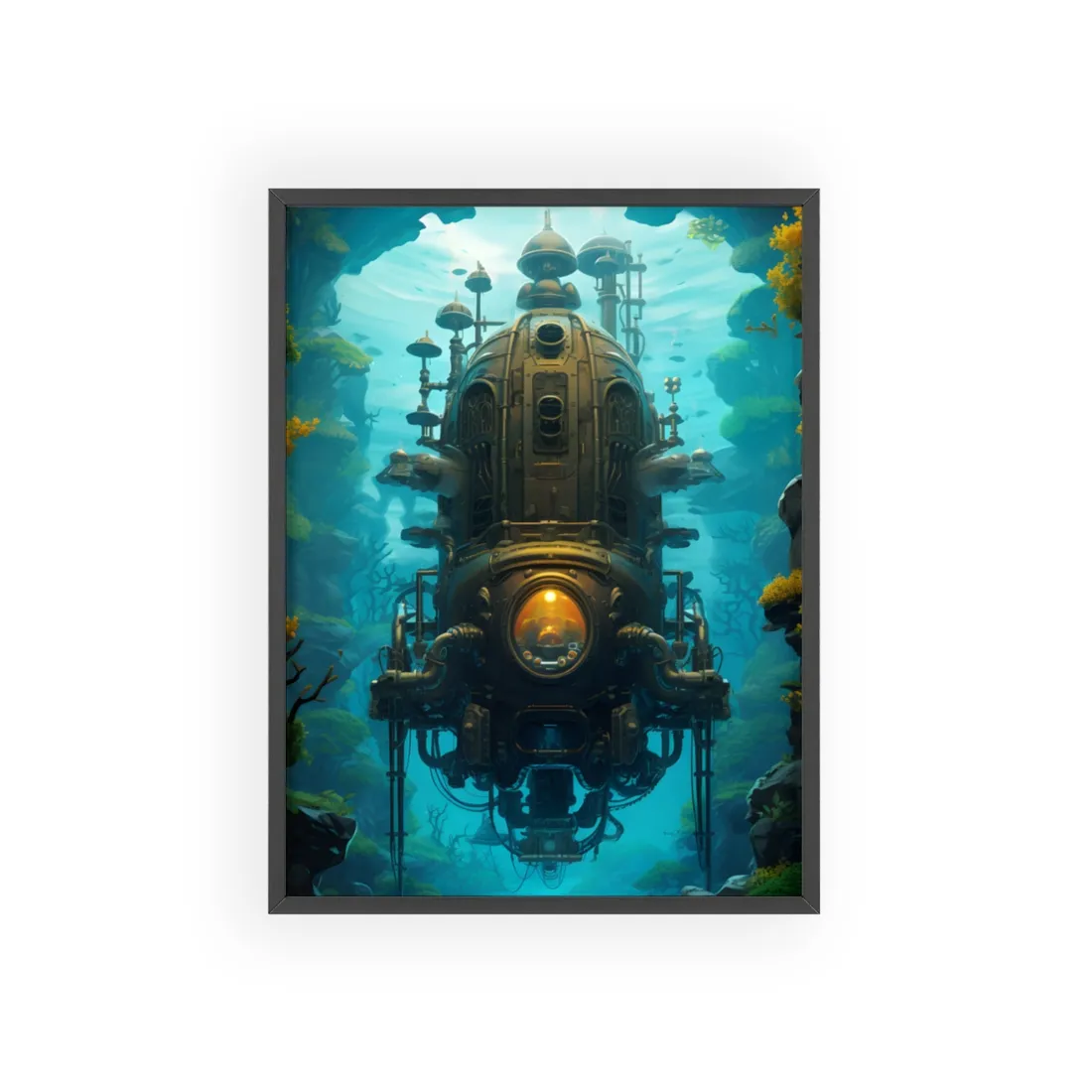Steampunk Underwater Odyssey: Captain Nemo's Nautilu Submarine Art - Framed Poster