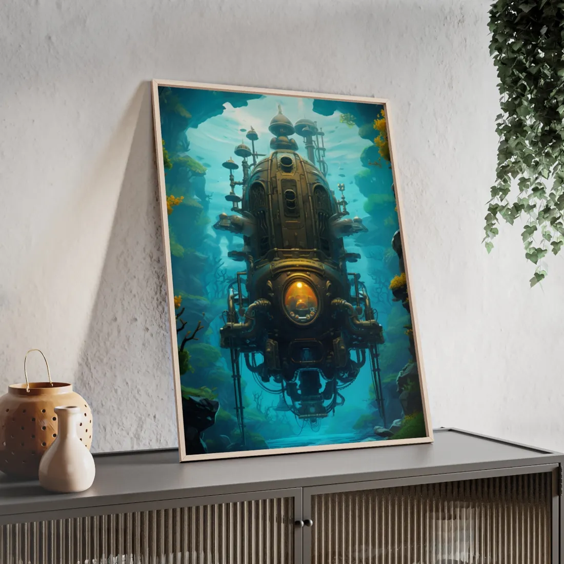 Steampunk Underwater Odyssey: Captain Nemo's Nautilu Submarine Art - Framed Poster