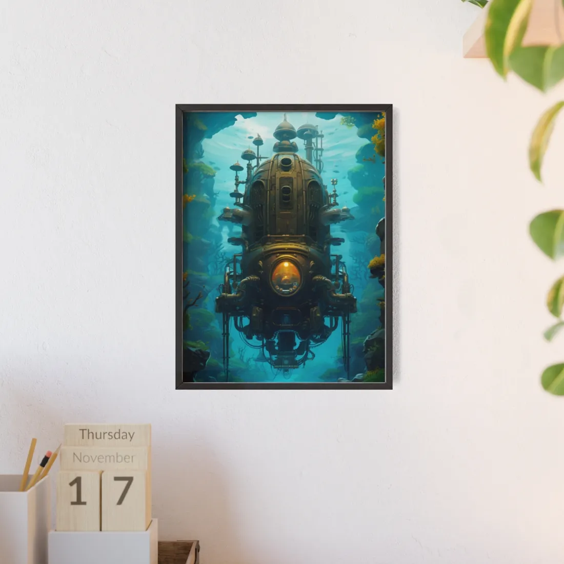 Steampunk Underwater Odyssey: Captain Nemo's Nautilu Submarine Art - Framed Poster