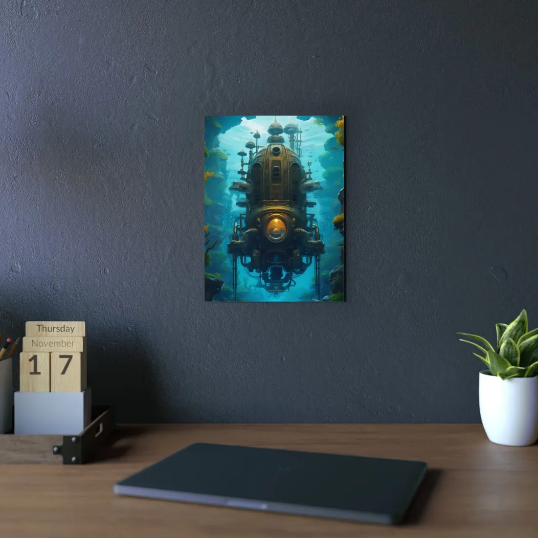 Steampunk Underwater Odyssey: Captain Nemo's Nautilu Submarine Art - Metal Poster
