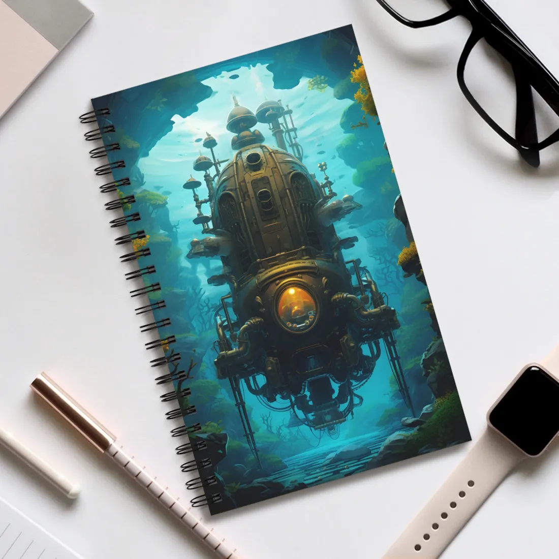 Steampunk Underwater Odyssey: Captain Nemo's Nautilu Submarine Art - Spiral Notebook