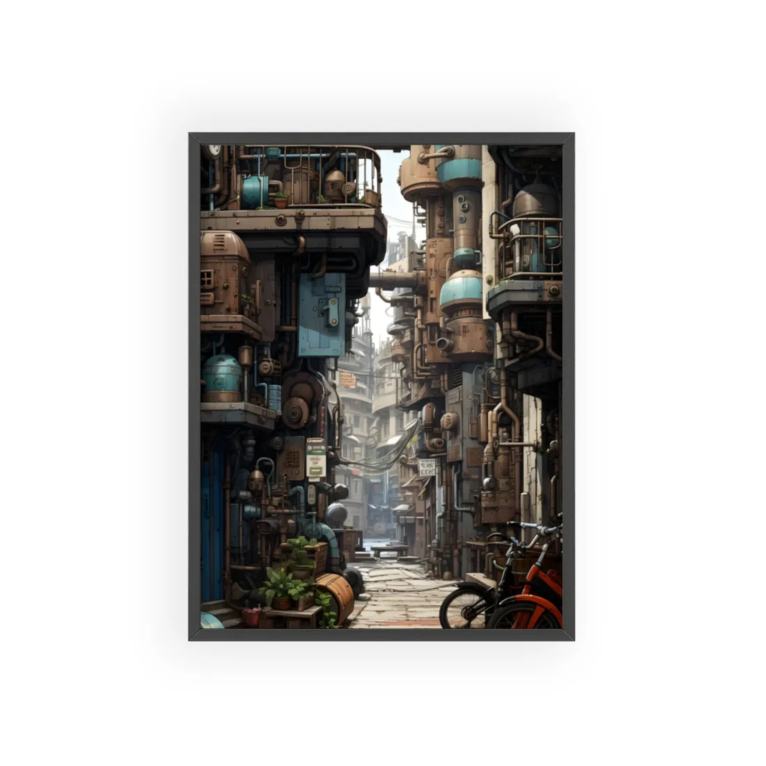 Steampunk Urban Decay: Post-Apocalyptic Cityscape at Dusk - Framed Poster