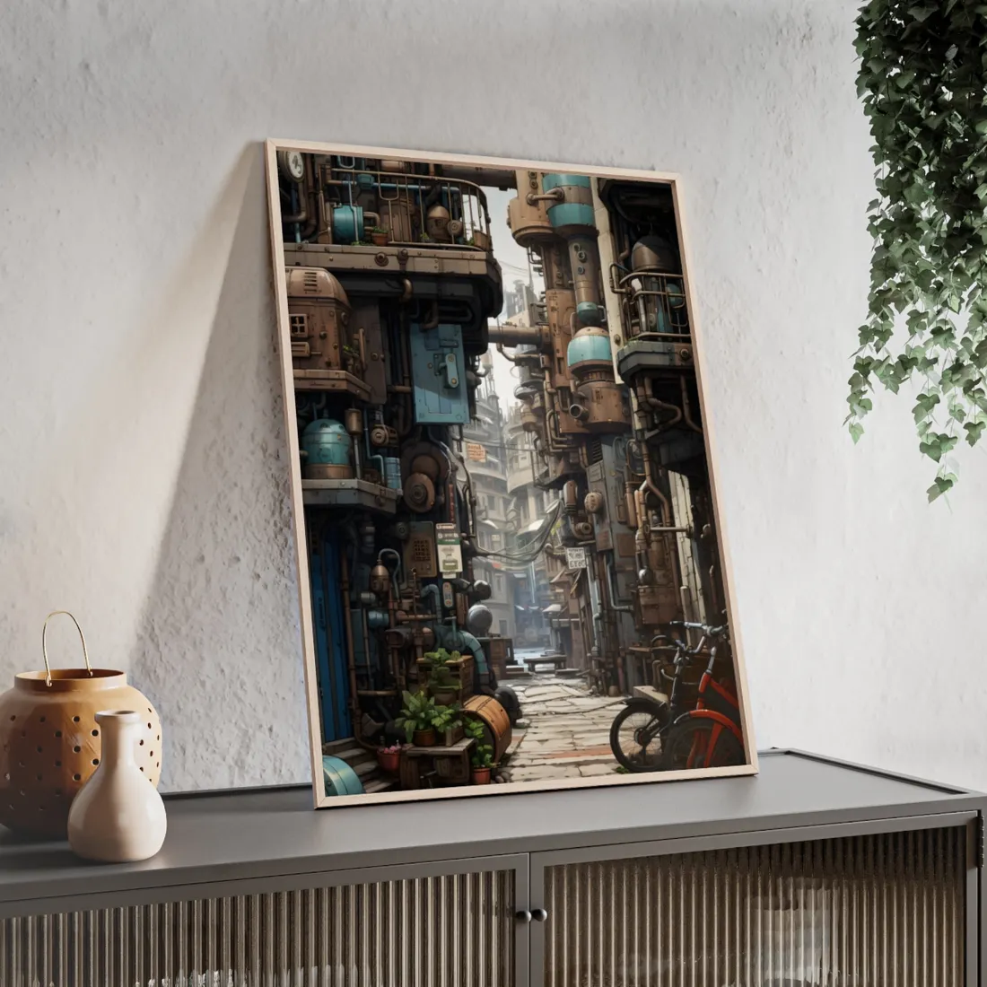 Steampunk Urban Decay: Post-Apocalyptic Cityscape at Dusk - Framed Poster