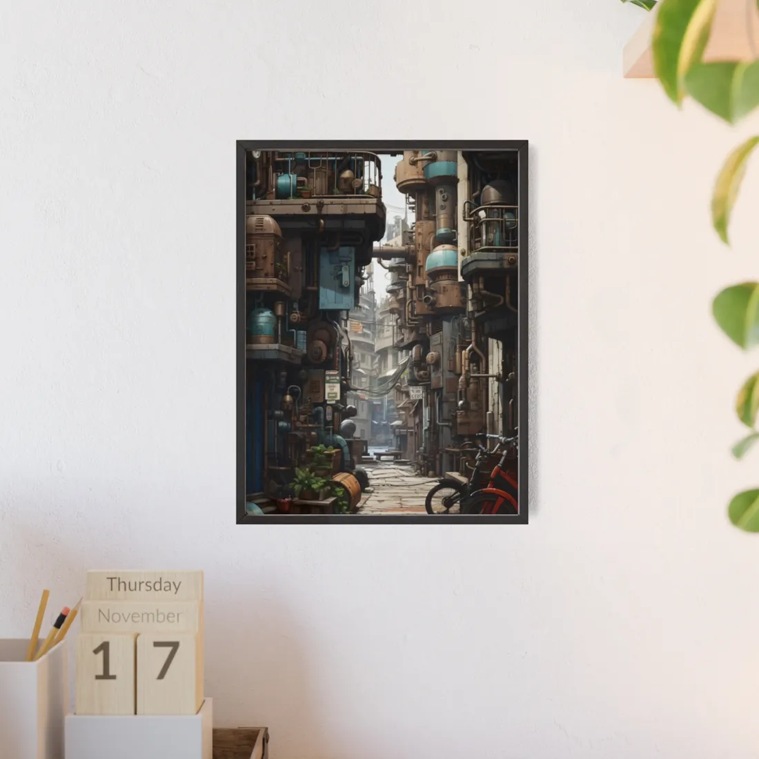 Steampunk Urban Decay: Post-Apocalyptic Cityscape at Dusk - Framed Poster
