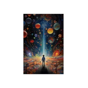 Child Among Glowing Planets Metal Poster