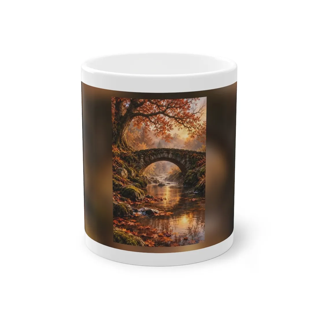 Stone arch bridge over a misty river, surrounded by orange autumn trees and fallen leaves at sunrise – Mug, view 1