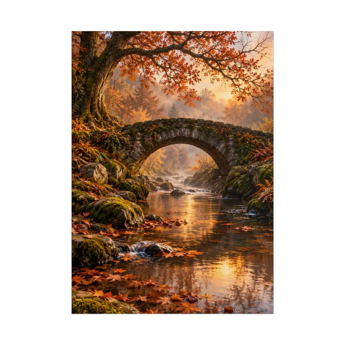 Stone arch bridge over a misty river, surrounded by orange autumn trees and fallen leaves at sunrise – Poster, view 1