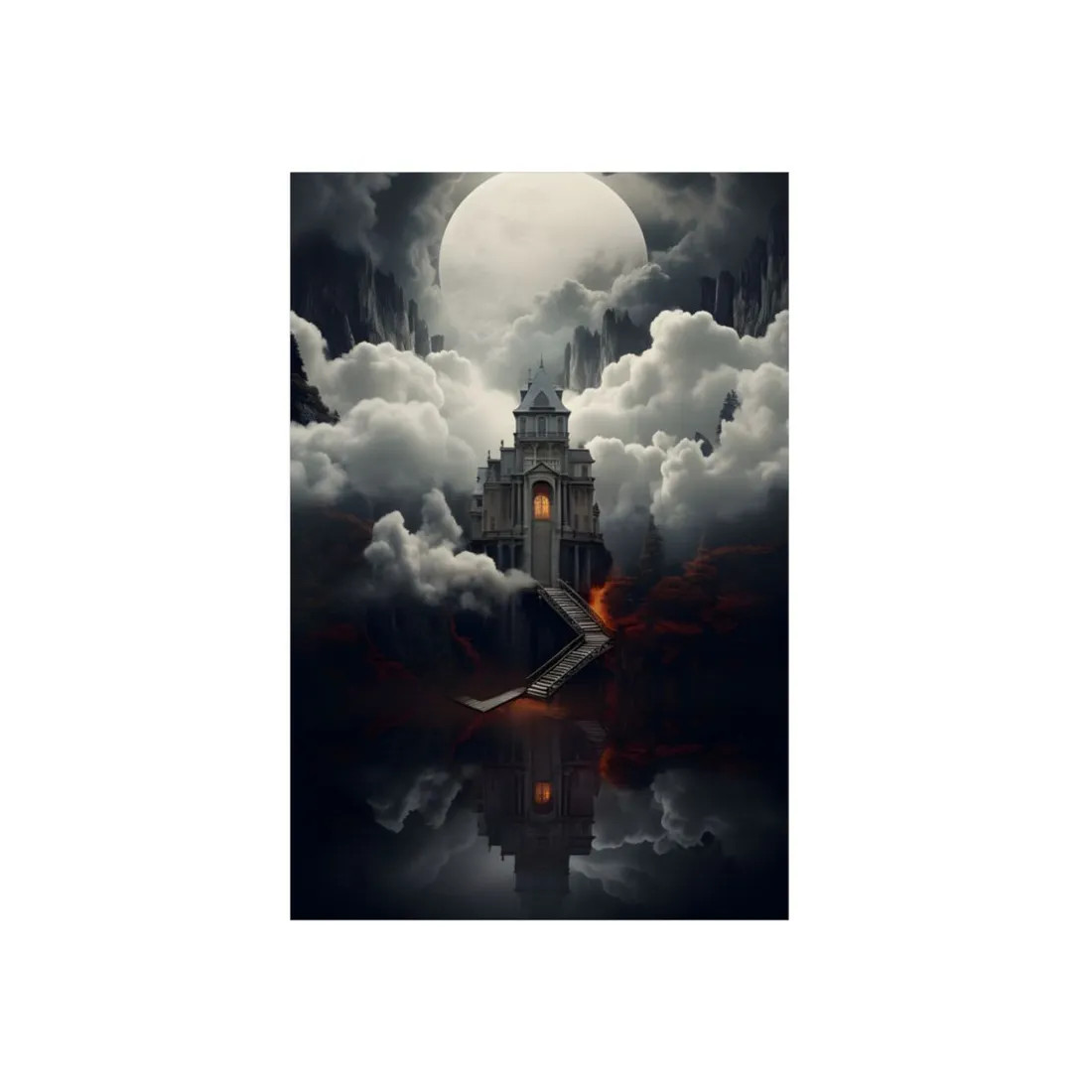 Storm Tower Over Fire: Dramatic Fantasy Lighthouse Art - Metal Poster