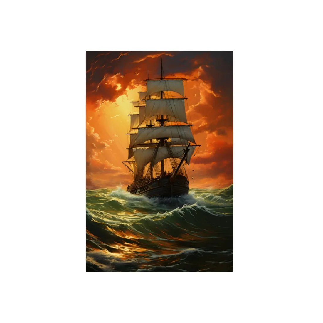 Stormy Sunset Sails: Ship Battling Green Waves - Metal Poster