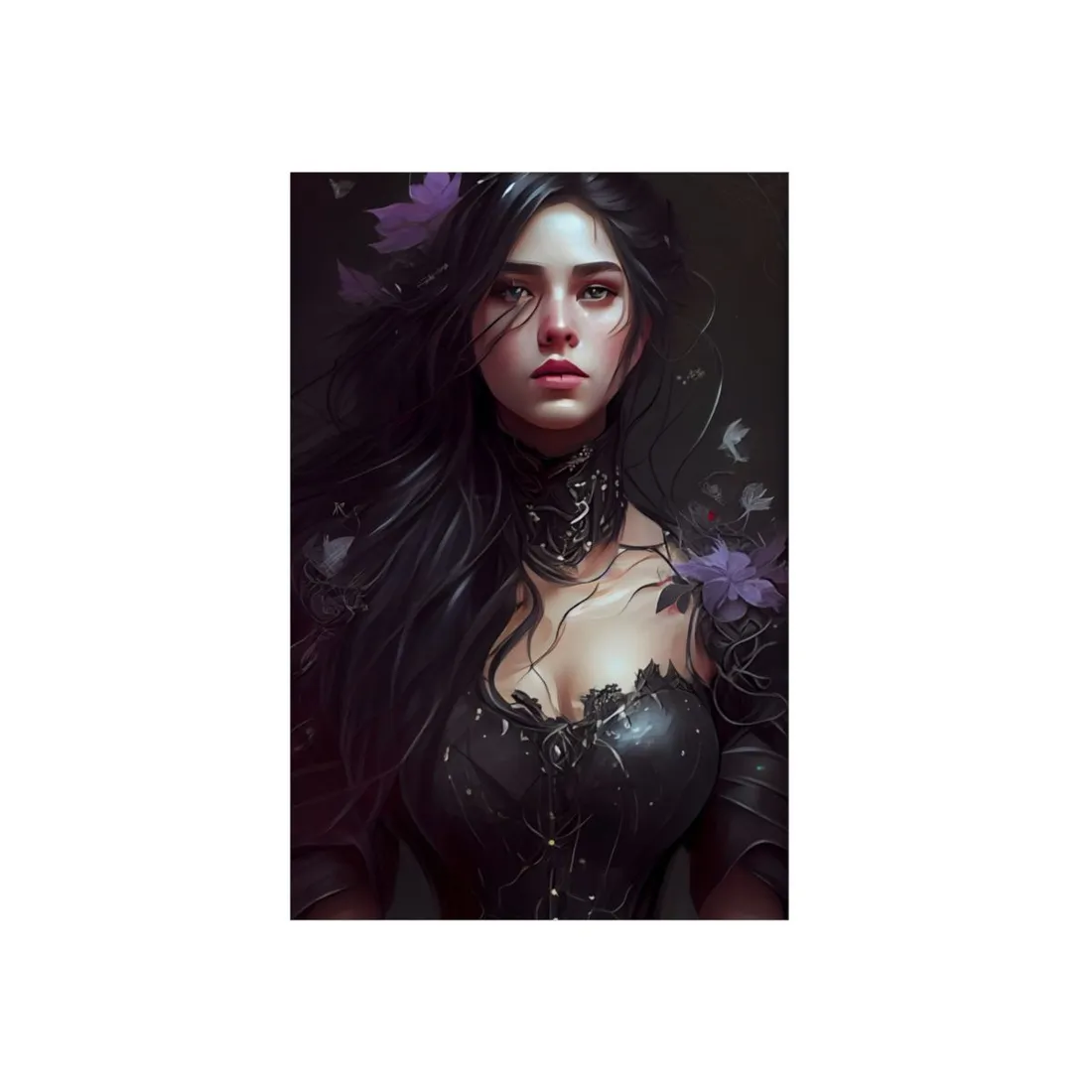 Striking Black-Haired Woman: Floral Lace Dress Portrait - Metal Poster