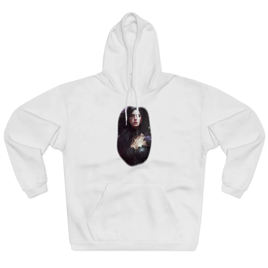 Striking Woman Portrait: Black Hair Hoodie - Hoodie (White)