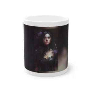 Striking Black-Haired Woman: Floral Lace Dress Portrait Mug
